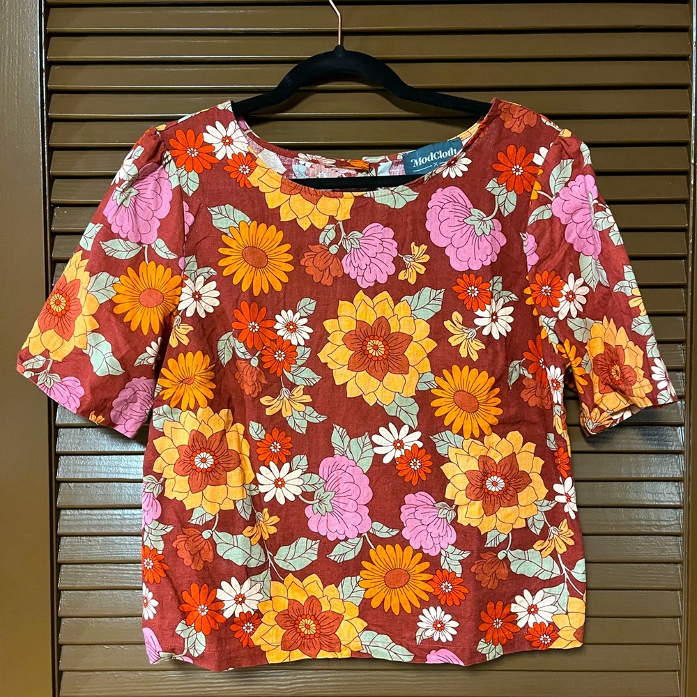 ModCloth X Princess Highway 70s Style Burnt Orange Floral Linen Top